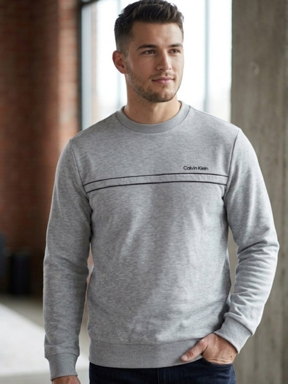 Calvin Klein Gray Crewneck Sweatshirt with Chest Stripe Size Medium